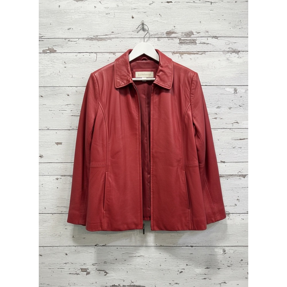 Vintage Large Liz Claiborne Red Leather Jacket Zip Front Collared Fully Lined